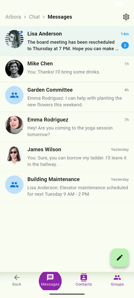 Neighboriser messaging screen with direct and group conversations