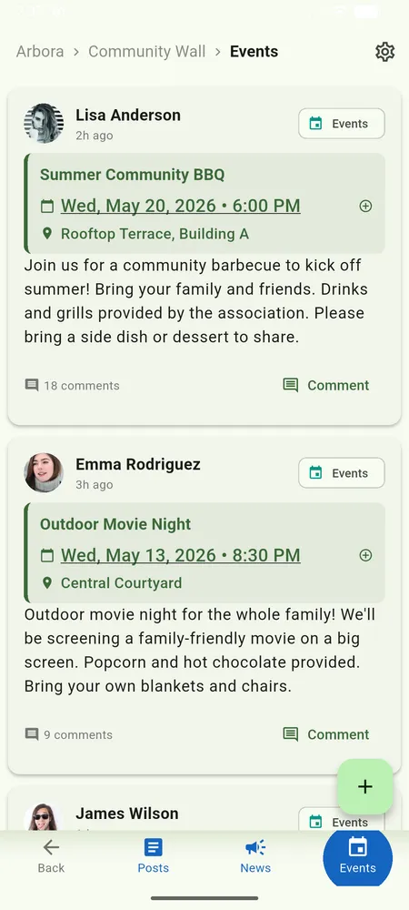 Neighboriser events screen with a community BBQ and outdoor movie night