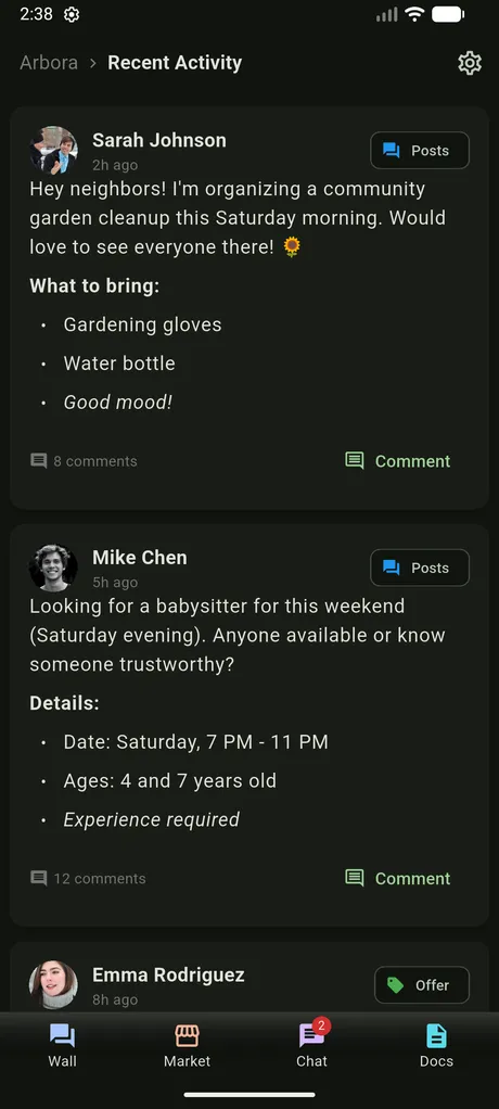 Neighboriser app in dark mode