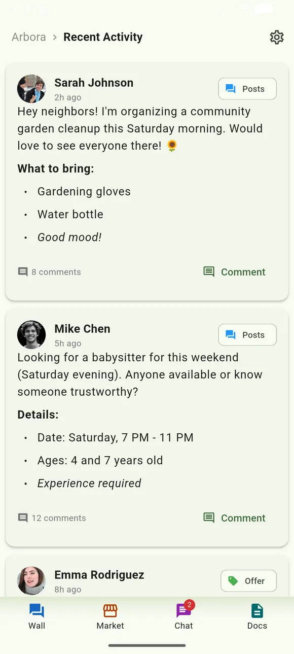 Neighboriser app showing a lively community wall with resident posts